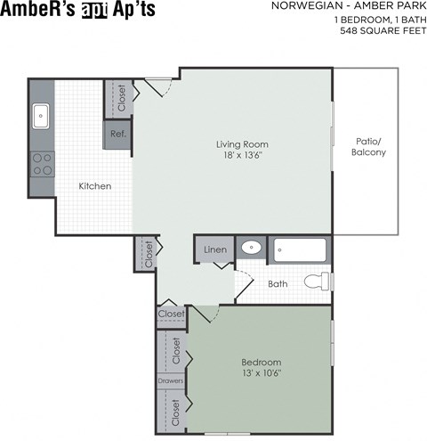 Floor plan for 1 bed, 1 bath, 662 sqft
